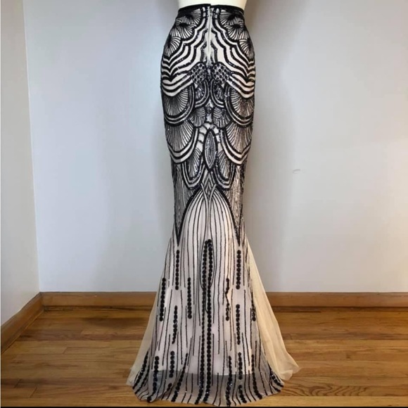 Art deco sequin black and beige mesh mermaid fit flare long skirt - Picture 2 of 11
